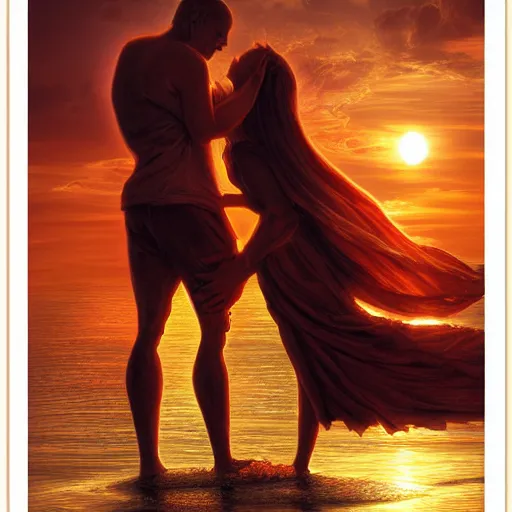 Prompt: couple of love watching sunset, by lise deharme,