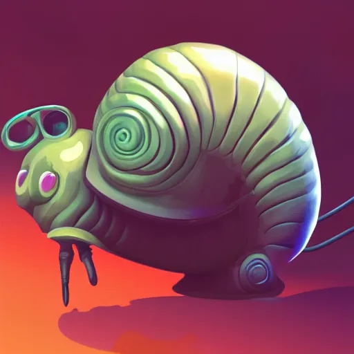 Image similar to snail with headset on its eyes behind pc, highly detailed, trending artstation,