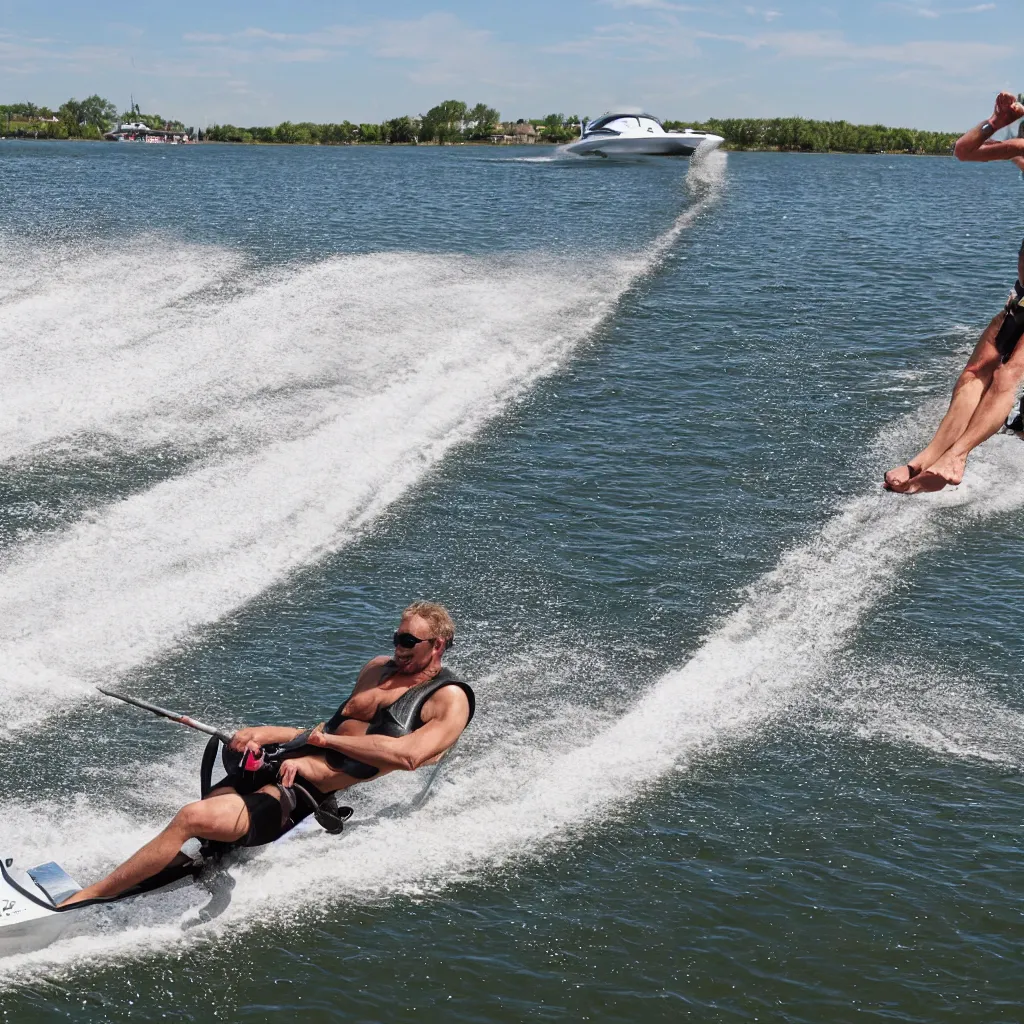 Image similar to a man barefoot water skiing behind a boat