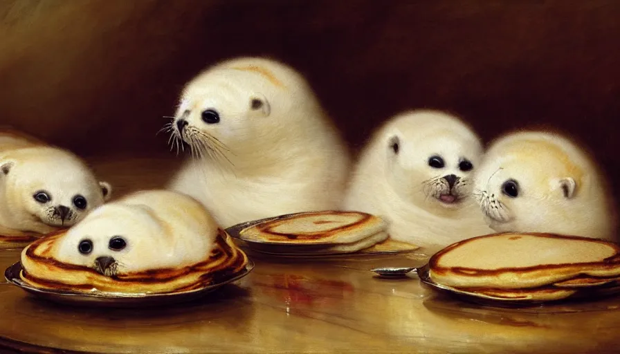 Image similar to highly detailed painting of cute furry white baby seals in a pile of jam pancakes on a table by william turner, by greg rutkowski, by william constable, thick brush strokes and visible paint layers, 4 k resolution