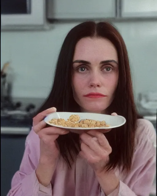 Prompt: 2 0 years old courtney cox eating cereal in her boyfriend's shirt, redshift, colour shift, wide shot, coloured polaroid photograph, pastel, kodak film, hyper real, stunning moody cinematography, by maripol, fallen angels by wong kar - wai, style of suspiria and neon demon, david hockney, detailed, oil on canvas