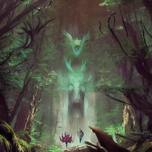 Prompt: concept art painting of an anthropomorphic dragon king with robes, a long neck, and horned skull mask, in a deep forest, cel shaded, in the style of makoto shinkai and james gurney and studio ghibli and moebius