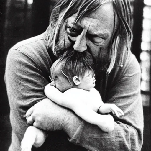 Prompt: robert wyatt cradling an angry gremlin like a baby, photograph