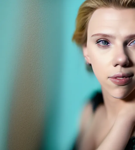 Image similar to beautiful portrait photo of Scarlett Johansson, slight smile, 85mm, teal studio backdrop