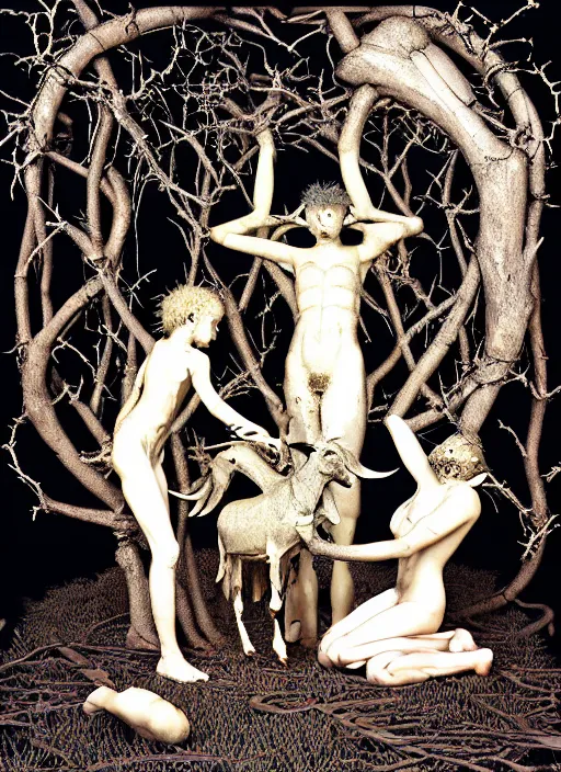 Image similar to pagan boy and girl performing an occult satanic ritual on a goat in a deep thorns bones bloody 3d vaporwave cyber forest, by Austin Osman Spare and Takato Yamamoto, high resolution, rendered in octane 3d