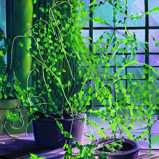 Image similar to several green and violet poisonous spiked vines grow from a pot, on wooden table in the ray of sunshine in greenhouse, oil painting, sharp focus, high detailed, calm, warm lighting, sparkles, by Rutkowsky