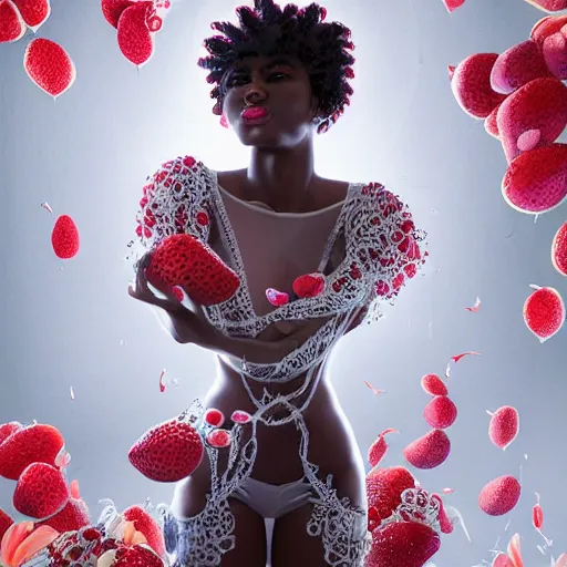 Image similar to the professional photoshoot of an absurdly beautiful, graceful, elegant, sophisticated, fashionable young black model made of strawberries and white petals, an ultrafine hyperdetailed illustration by kim jung gi, irakli nadar, intricate linework, bright colors, octopath traveler, final fantasy, unreal engine 5 highly rendered, global illumination, radiant light, detailed and intricate environment