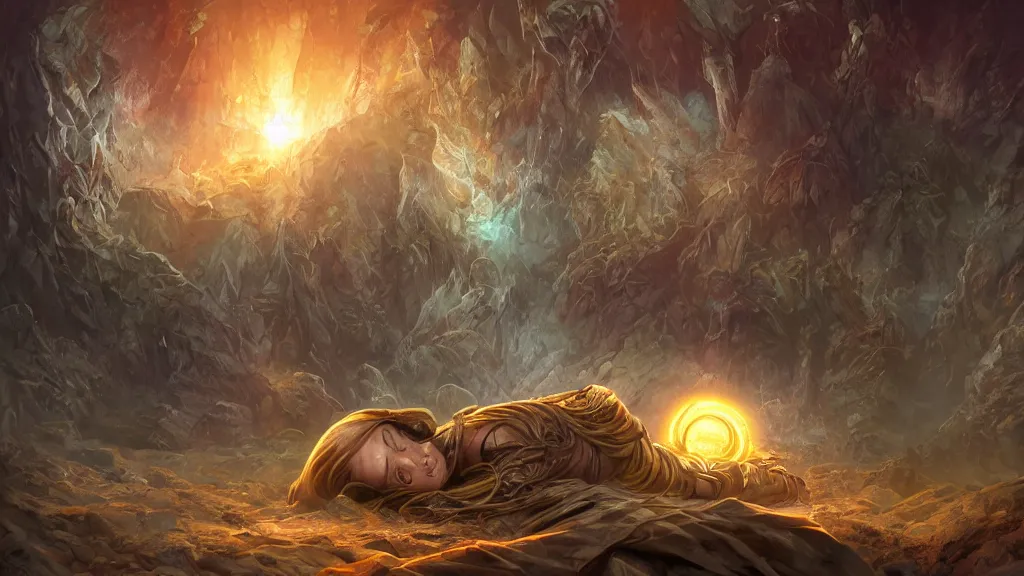 Prompt: a dark chasm with an ancient earth godess sleeping, buried with gold and crystals, digital painting, sharp, digital art by James Zapata and Jana Schirmer and Brad Rigney and Andres Rios,