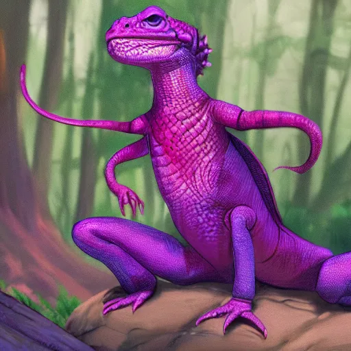 Prompt: concept art painting of an anthropomorphic humanoid lizard wearing magenta wizard robes, in the deep forest, realistic, detailed, cel shaded, in the style of makoto shinkai and greg rutkowski and james gurney