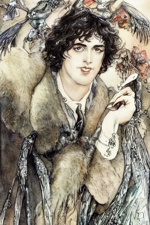 Prompt: oscar wilde realistic portrait closeup surrounded by bat wings, art by luis royo and walter crane and kay nielsen, watercolor illustration,
