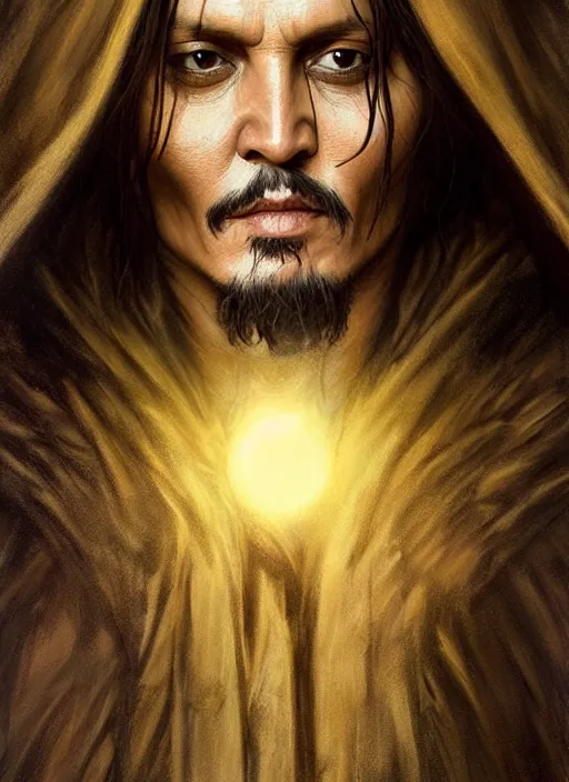 Prompt: Portrait of Johnny Depp, cloak, male, fantasy, extremely detailed, digital painting, artstation, concept art, smooth, sharp focus, illustration, stunning lighting, art by artgerm and greg rutkowski and alphonse mucha and simon stalenhag, realistic character concept, high fantasy, dark atmosphere, golden ratio, cinematic lighting, hyperdetailed, high resolution, insanely detailed and intricate, artstation, Marc Simonetti, Greg Rutkowski, 8k