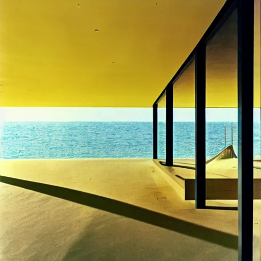 Image similar to architecture ad for a mid-century modern house by the beach, designed by Zaha Hadid. Shell. Film grain, cinematic, colorized, yellow hue