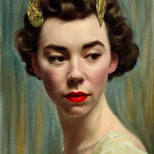 Image similar to vanessa kirby as dark - haired 1 9 5 0 s goddess, a beautiful closeup oil painting, she has tears running down her face, wet lips, perfect eyes, insanely detailed, elegant, by wlop, rutkowski, livia prima, mucha,