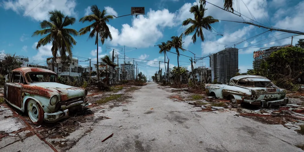 Prompt: low wide angle shot of dilapidated fallout 5 miami, tropical coastal city in real life, desolate, dilapidated, empty streets, some rusted retro futuristic vintage styled parked vehicles like cars, buses, trucks, trams, sunny weather, few clouds, volumetric lighting, photorealistic, daytime, spring, sharp focus, ultra detailed