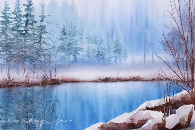 Prompt: watercolor painting of crystal clear ice lake, reflective, crisp winter, fog and snowing, ambient lighting, art by hand dahl