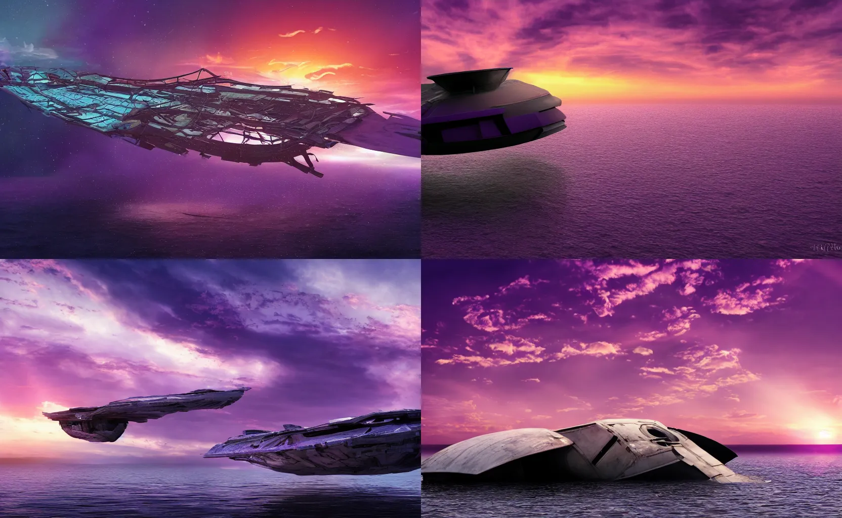 Prompt: A purple sunset over a sunken spaceship, 4k wallpaper, high resolution, trending on artstatino