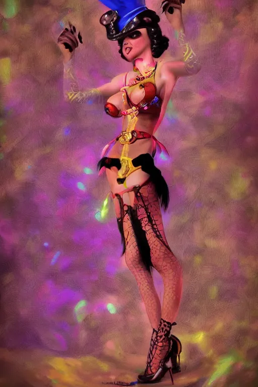 Prompt: An anthropomorphic go-go dancer, random animal, beautiful female, 1920s steampunk psychedelic rave aesthetic. In the style of Ralph Bakshi and Alain Aslan. Oil on canvas, octane render.