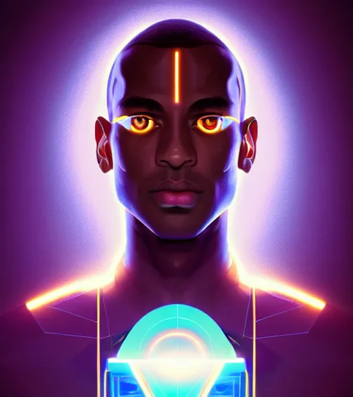 Image similar to symmetry!! egyptian prince of technology, solid cube of light, hard edges, product render retro - futuristic poster scifi, lasers and neon circuits, brown skin man egyptian prince, intricate, elegant, highly detailed, digital painting, artstation, concept art, smooth, sharp focus, illustration, dreamlike, art by artgerm