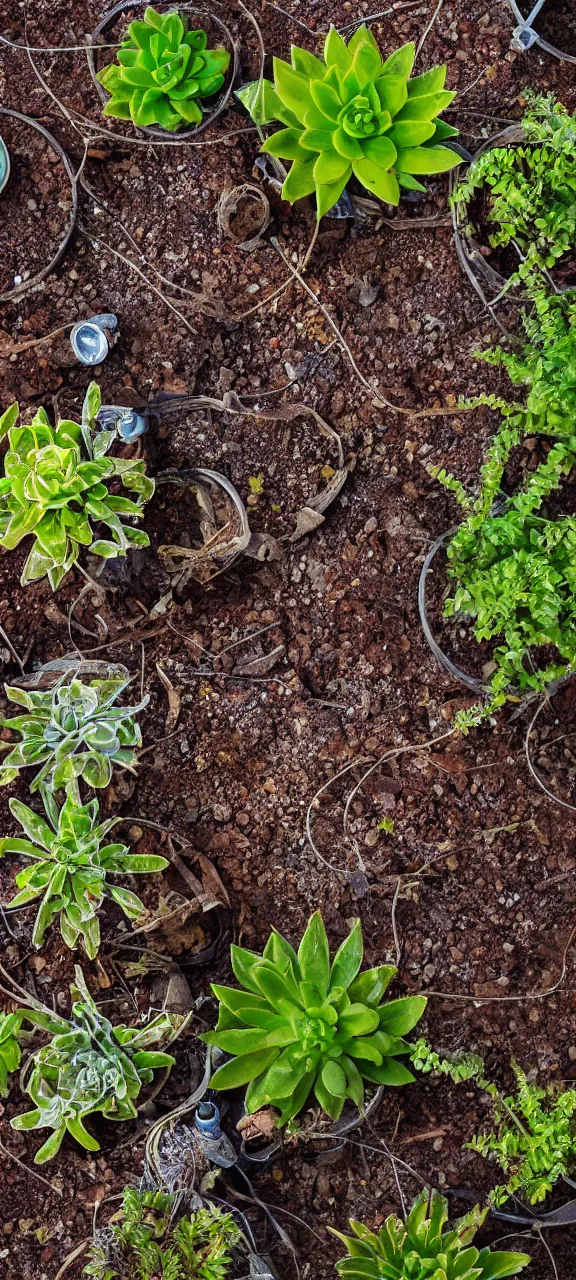 Prompt: award winning photo of technology rusty and filled with plants, stunning, 4 k, detailed, top - down, realistic