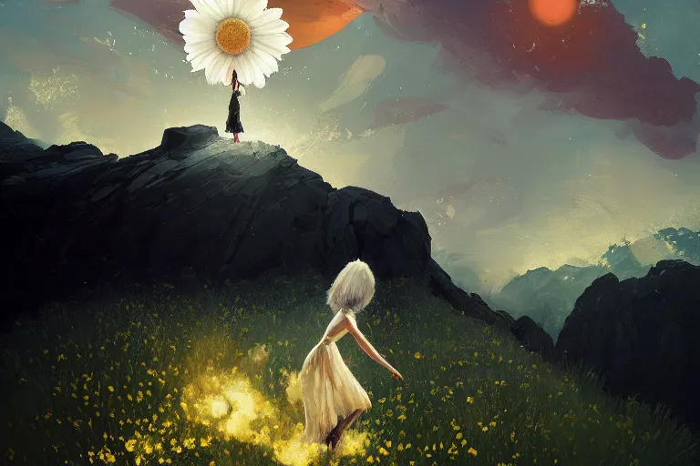 Image similar to giant white daisy flower as a head, girl dancing on cliff, surreal photography, solar eclipse, milky way, dramatic light, impressionist painting, clouds, digital painting, artstation, james gilleard, liam wong, jeremy mann, simon stalenhag