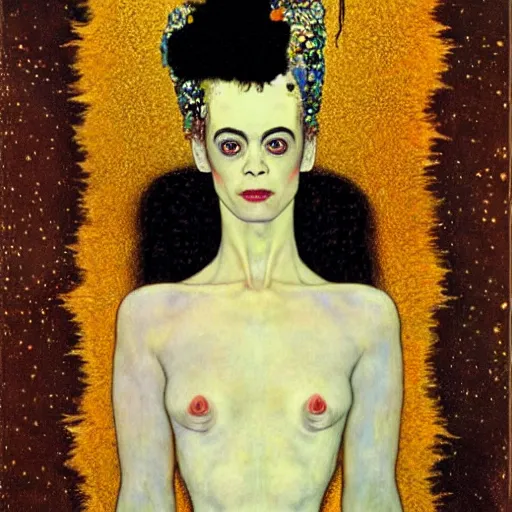 Prompt: bride of frankenstein influenced by gustav klimt.