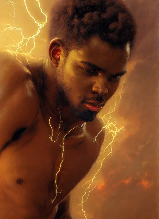 Image similar to young black man, god of lightning, powerful, smug expression, highly detailed painting by gaston bussiere, craig mullins, j. c. leyendecker 8 k, sparkling storm clouds