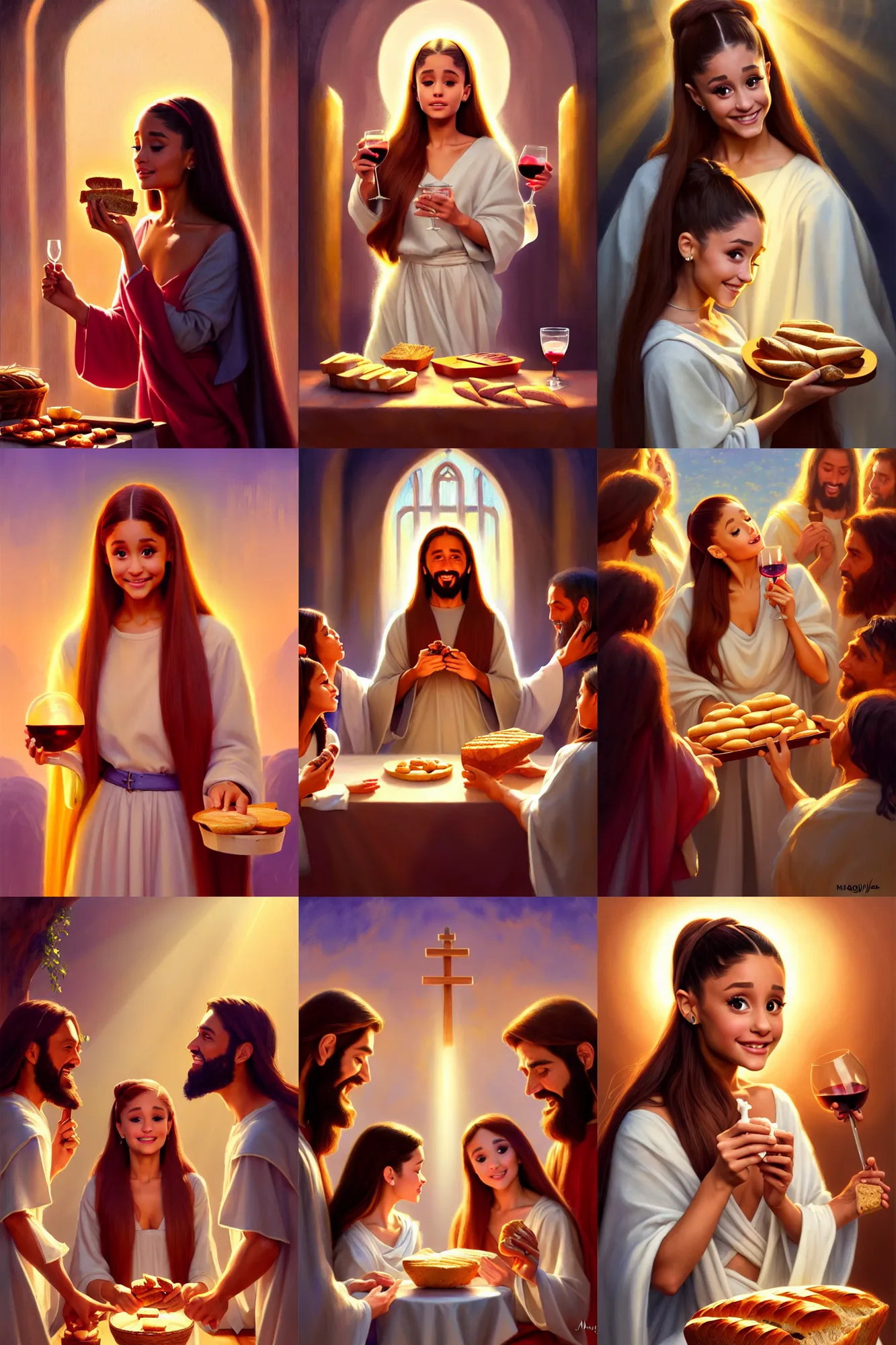 Prompt: ariana grande as jesus sharing bread and wine with the local community, joyful, holy rays of spiritual light, worship, pixar style, shaded lighting poster by magali villeneuve, artgerm, jeremy lipkin and michael garmash, rob rey and kentaro miura style, trending on art station