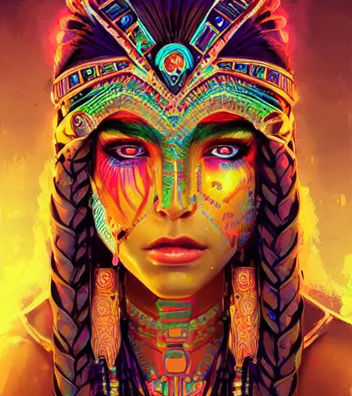 Prompt: beautiful intricate exquisite aztec princess realistic face, beautiful eyes, neon colors, drawing, in the style of greg rutkowski, fantasy, amazing detail, epic, intricate, elegant, smooth, sharp focus