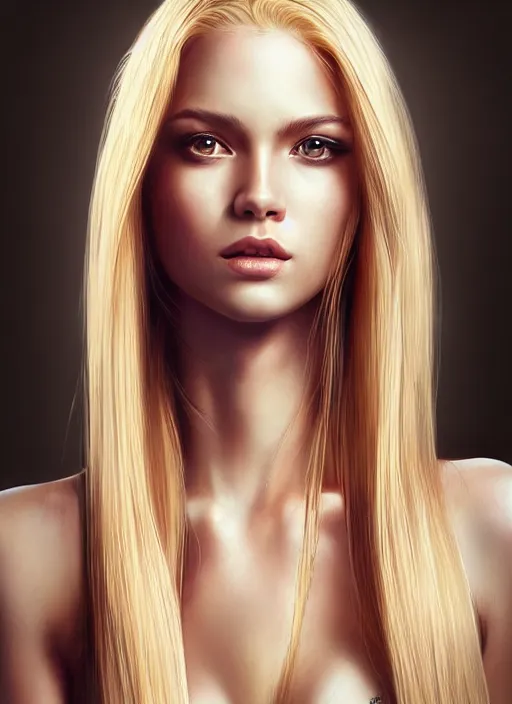 Image similar to picture of a gorgeous female with long blonde hair in the style of stefan kostic, realistic, full body shot, wide angle, sharp focus, 8 k high definition, insanely detailed, intricate, elegant, art by stanley lau and artgerm, floating embers