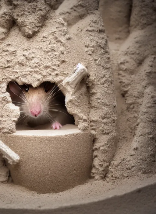 Image similar to dslr photo still of a mouse inside a sand castle, 8 k, 8 5 mm f 1. 4