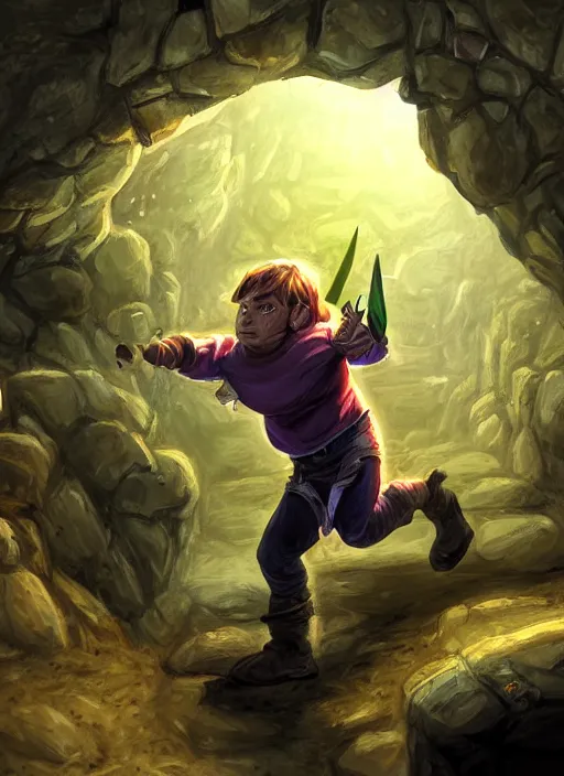 Image similar to A fantasy comic book roleplaying game style portrait painting of a halfling thief sneaking in a cavern, DAZ, hyperrealistic, ambient light, dynamic light