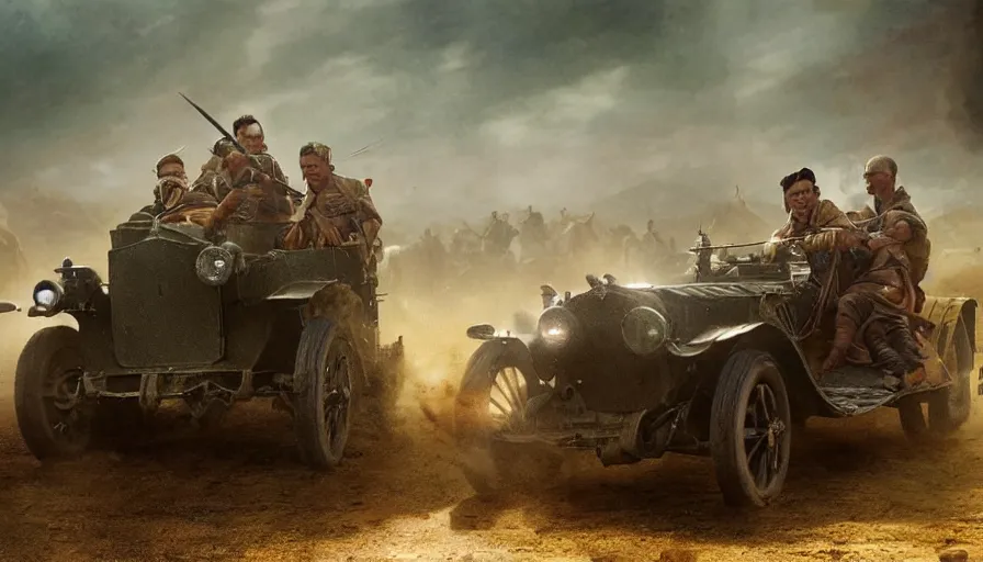 Prompt: british army driving a car in 1921 in indian village, tribe members attacking, action scene, an epic fantasy, dramatic lighting, cinematic, establishing shot, extremely high detail, photorealistic, cinematic lighting, artstation, by christopher nolan, horizon forbidden west