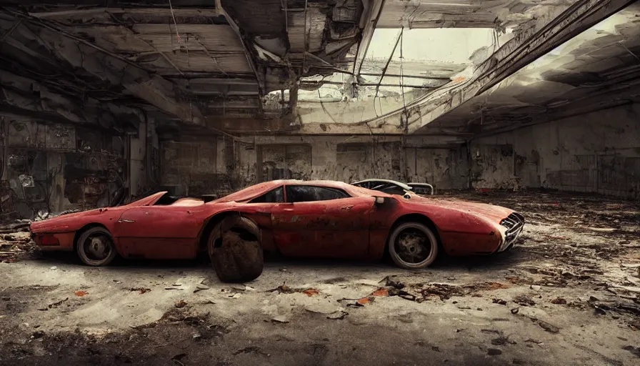 Image similar to Abandoned Ferrari in an abandoned garage with lot of vegeration, wide view, hyperdetailed, artstation, cgsociety, 8k