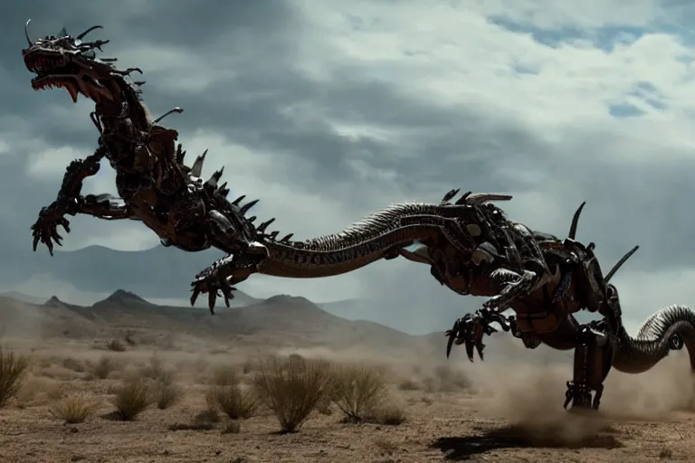 Image similar to cinematic still of westworld, a intact stunning intricate si - fi robotic fantasy dragon, well armored mech dragon, highly detailed