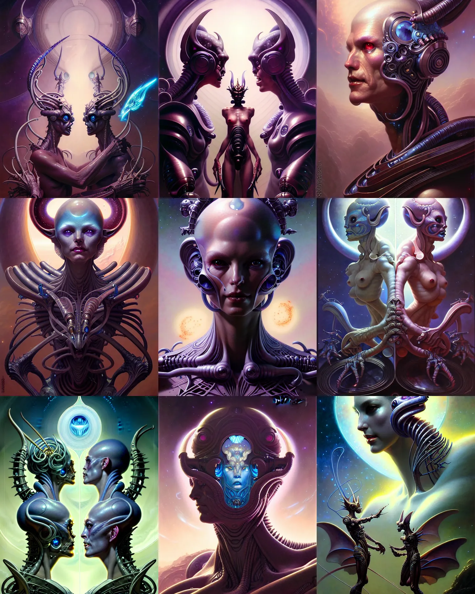 Image similar to beautiful gemini fantasy character portrait, ultra realistic, wide angle, intricate details, alien artifacts, highly detailed by peter mohrbacher, hajime sorayama, wayne barlowe, boris vallejo, aaron horkey, gaston bussiere, craig mullins