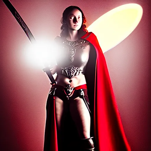 Prompt: a beautiful woman in a crimson cloak holding a glowing white spear and an obsidian shield, silver intricate armor, spotlight, ornate, realistic, cinematic lighting, sunbeams, volumetric lighting, epic pose, victorian, opulent 4 k