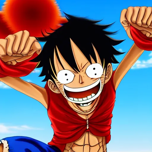 Image similar to monkey d luffy from one piece punching, perspective shot, sky background, vivid colors, thick lines, anime art style, global illumination