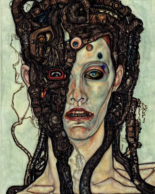 Image similar to portrait of cyberpunk medusa by egon schiele in the style of greg rutkowski