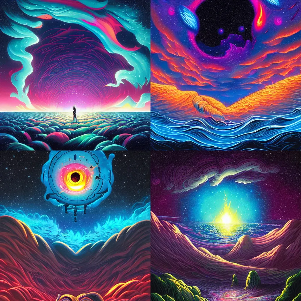 Prompt: Cosmic colorful ultima moongate, digital matte black paper art, by Dan Mumford and by Cyril Rolando, beautiful epic night fire seascape art by Dan Mumford and by Cyril Rolando