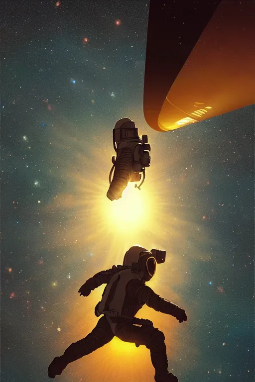 Prompt: long shot of an astronaut floating alone in space silhouetted against the sun, dramatic backlighting, golden hour, low-key lighting, kodachrome, color contrast, high contrast, highly detailed, sharp focus, digital painting, concept art, illustration, trending on artstation, art by greg rutkowski + greg hildebrandt + alphonse mucha