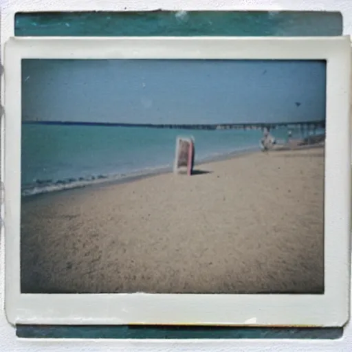 Prompt: a pastel colour Polaroid photo from a holiday album at a seaside, all objects made of transparent iridescent Perspex no people, nostalgic