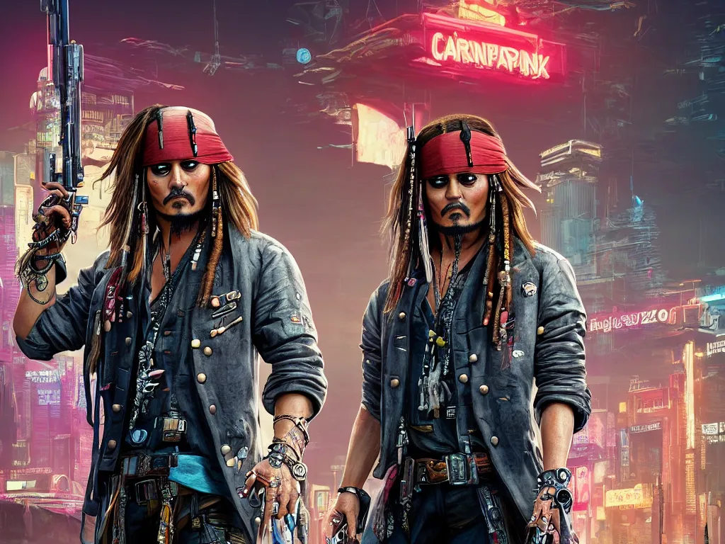 Image similar to jack sparrow in the game of cyberpunk 2 0 7 7, portrait, focus, 3 d illustration, sharp, intricate, poster, jack sparrow standing in front of the futuristic car, night city dystopian cyberpunk city in the background