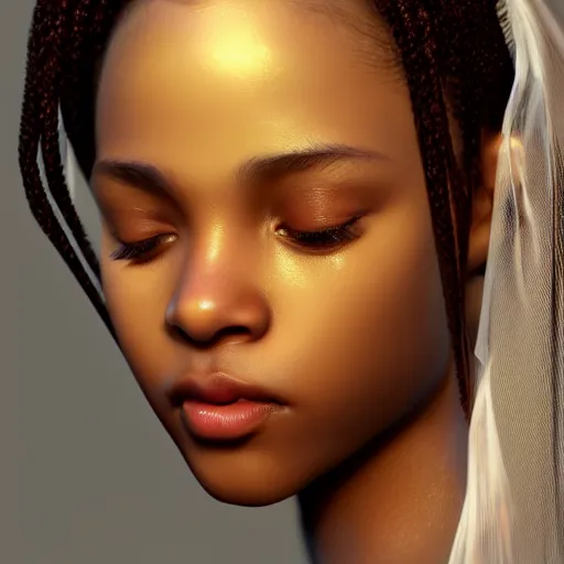 Prompt: a photorealistic hyperrealistic, bright brown eyes, light skinned african young girl, ponytail hair, flawless face, beautiful lips, cute face, white veil, by wlop, artgerm, greg rutwoski, alphonse mucha, beautiful dynamic dramatic low - light moody lighting, cinematic atmosphere, artstation, concept design art, octane render, 8 k