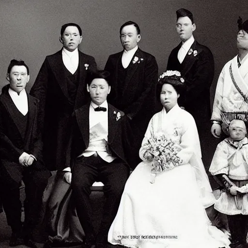 Image similar to A wide full shot, colored black and white Russian and Japanese mix historical fantasy a photograph portrait taken of the royal wedding two choirs, photographic portrait, warm lighting, 1907 photo from the official wedding photographer for the royal wedding.