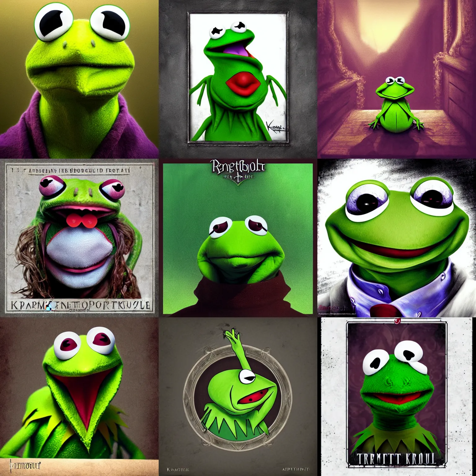 Prompt: portrait of kermit the frog, kamelot album cover, trending on artstation