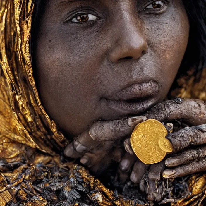 Image similar to closeup portrait of a woman wearing a cloak of gold coins in a charred, burnt forest, by Annie Leibovitz and Steve McCurry, natural light, detailed face, CANON Eos C300, ƒ1.8, 35mm, 8K, medium-format print