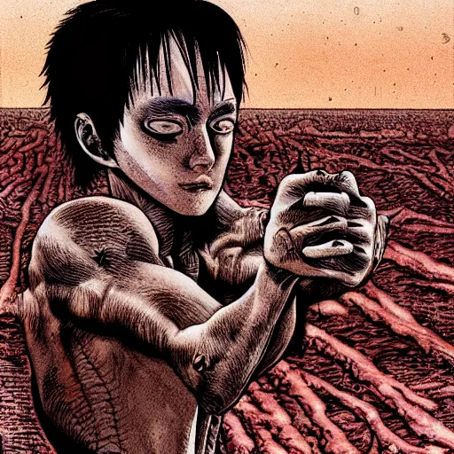 Image similar to eyes, last days of humanity lone survivor holding his guts by hands, junji ito, amano yoshitaka, 8k hd