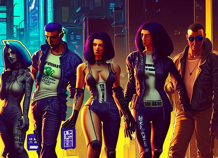 Image similar to cyberpunk street gang. portrait by stonehouse and mœbius and will eisner and gil elvgren and pixar. character design. realistic proportions. cyberpunk 2 0 7 7 character art, blade runner 2 0 4 9 concept art. cel shading. attractive face. thick lines. the team. diverse characters. artstationhq.