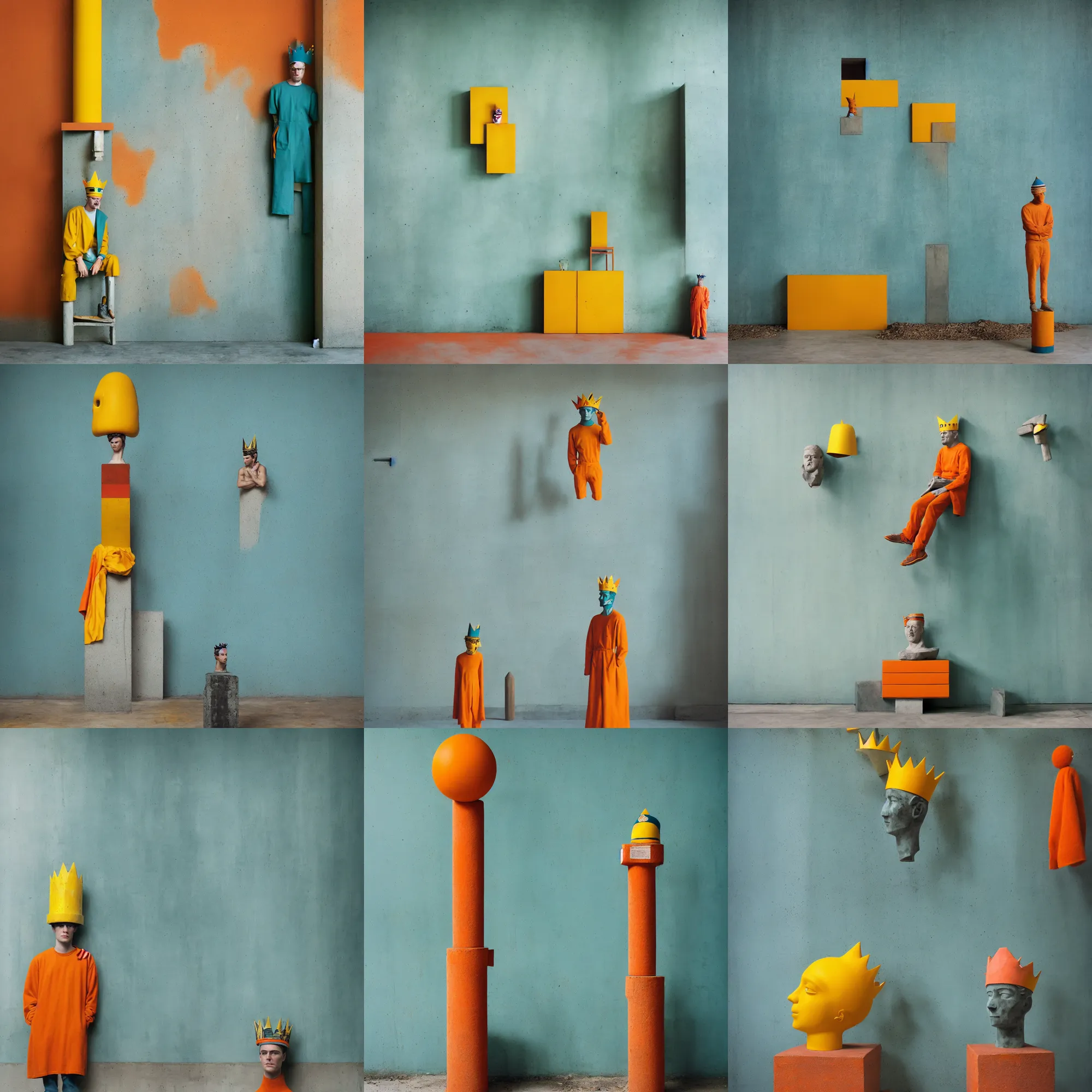 Image similar to kodak portra 4 0 0, 8 k, shot of a highly detailed, britt marling style, colour still - life portrait of a large minimalistic room, rough concrete walls, a single rough carved wooden teal and orange striped coloured statue is standing on a concrete podest with a yellow crown on his head, muted colours