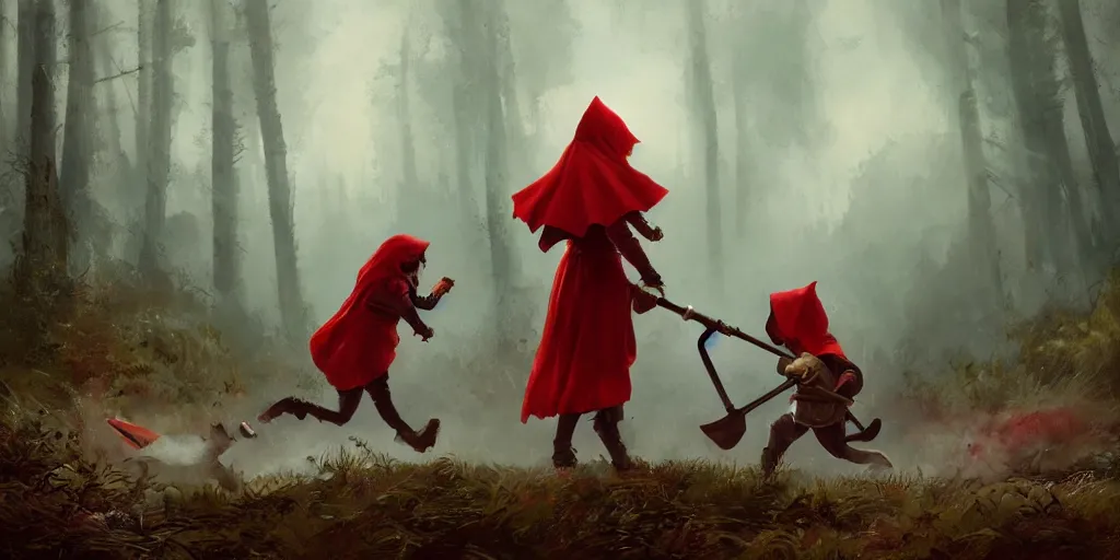 Prompt: little red riding hood chasing baby wolves with a large oversized hammer, Greg Rutkowski, Darek Zabrocki, Karlkka, Jayison Devadas, Phuoc Quan, trending on Artstation, 8K, ultra wide angle, pincushion lens effect.